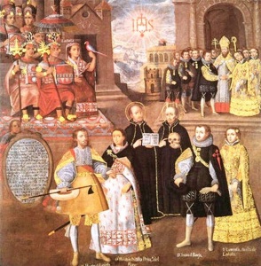 Enlace de las Princesas hijas del Gran Inca, con  miembros de la Casa de Loyola. Pintura Escuela  Cuzqueña.       